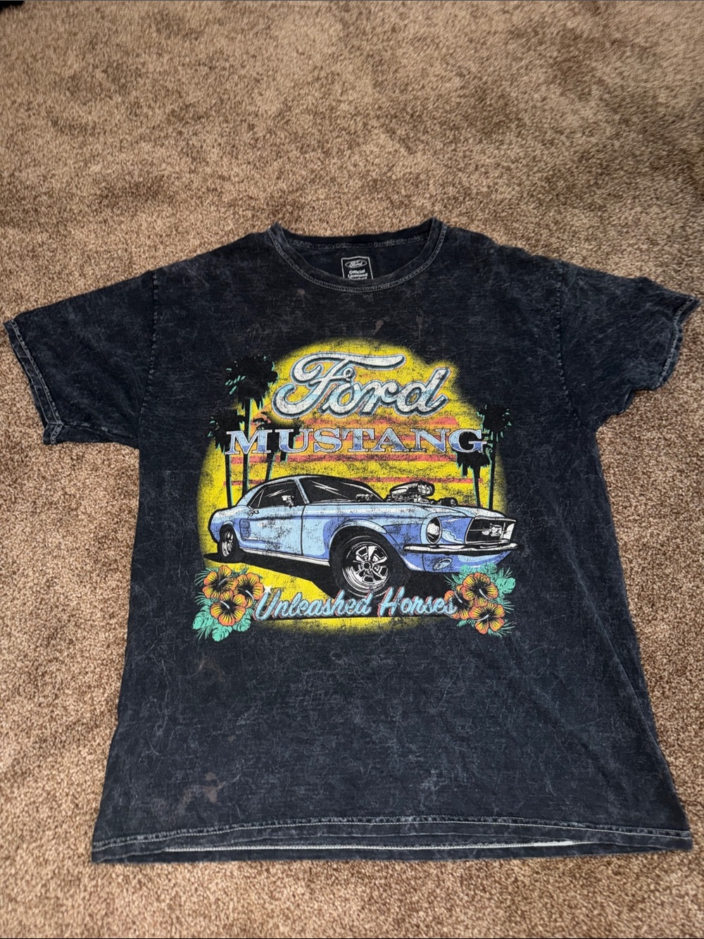 Ford Black Tee with Yellow & Blue Mustang Graphic size M/L